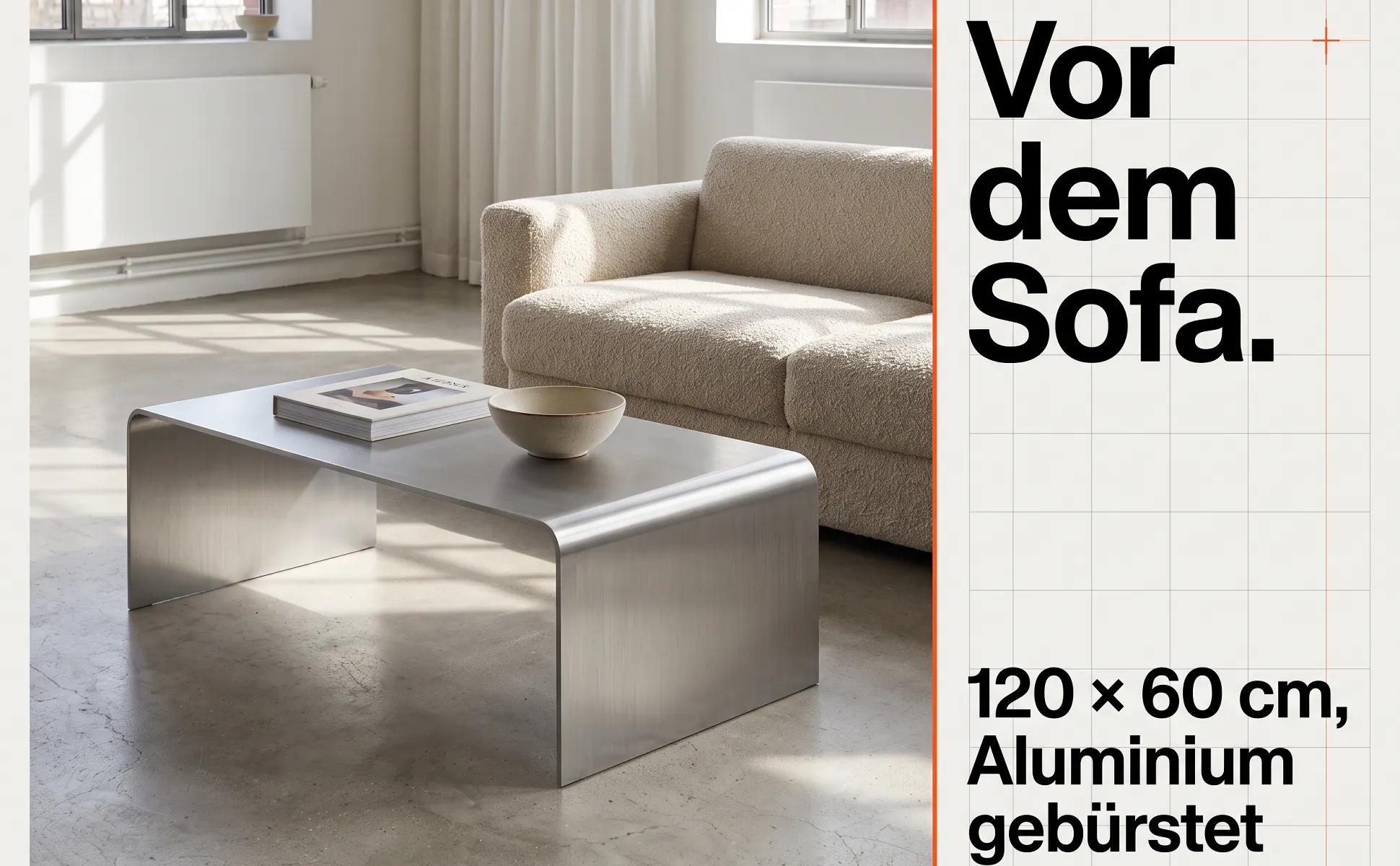 A+ Bild „Einsatzort“ für Couchtisch aus gekantetem Aluminium im Stil Swiss Poster: Vor dem Sofa., 120 × 60 cm, Aluminium gebürstet