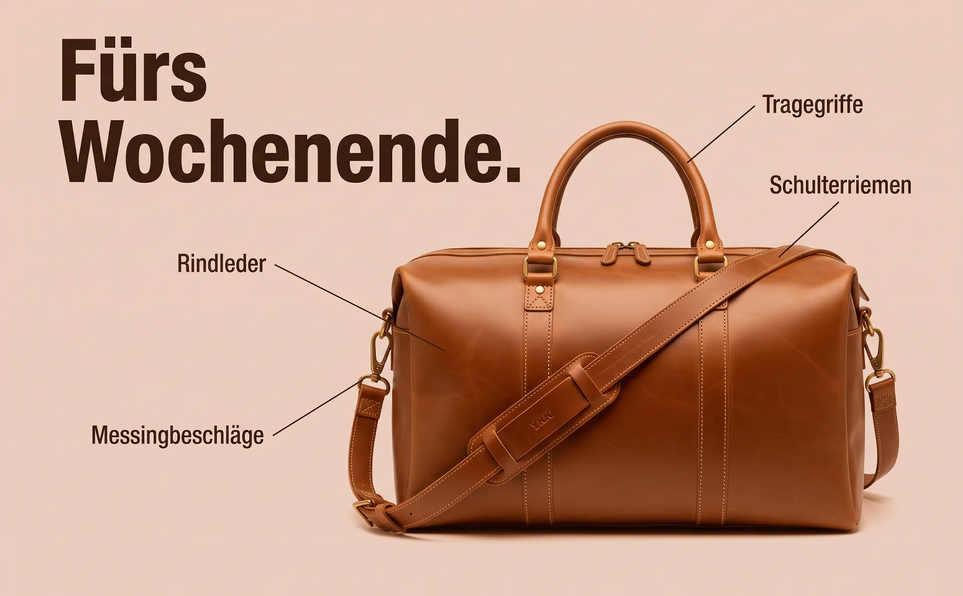 A+ image "Labeled overview" for Leather weekender, 45 l in the Duotone in product colour style, German text: Fürs Wochenende., Rindleder, Messingbeschläge, Tragegriffe, Schulterriemen
