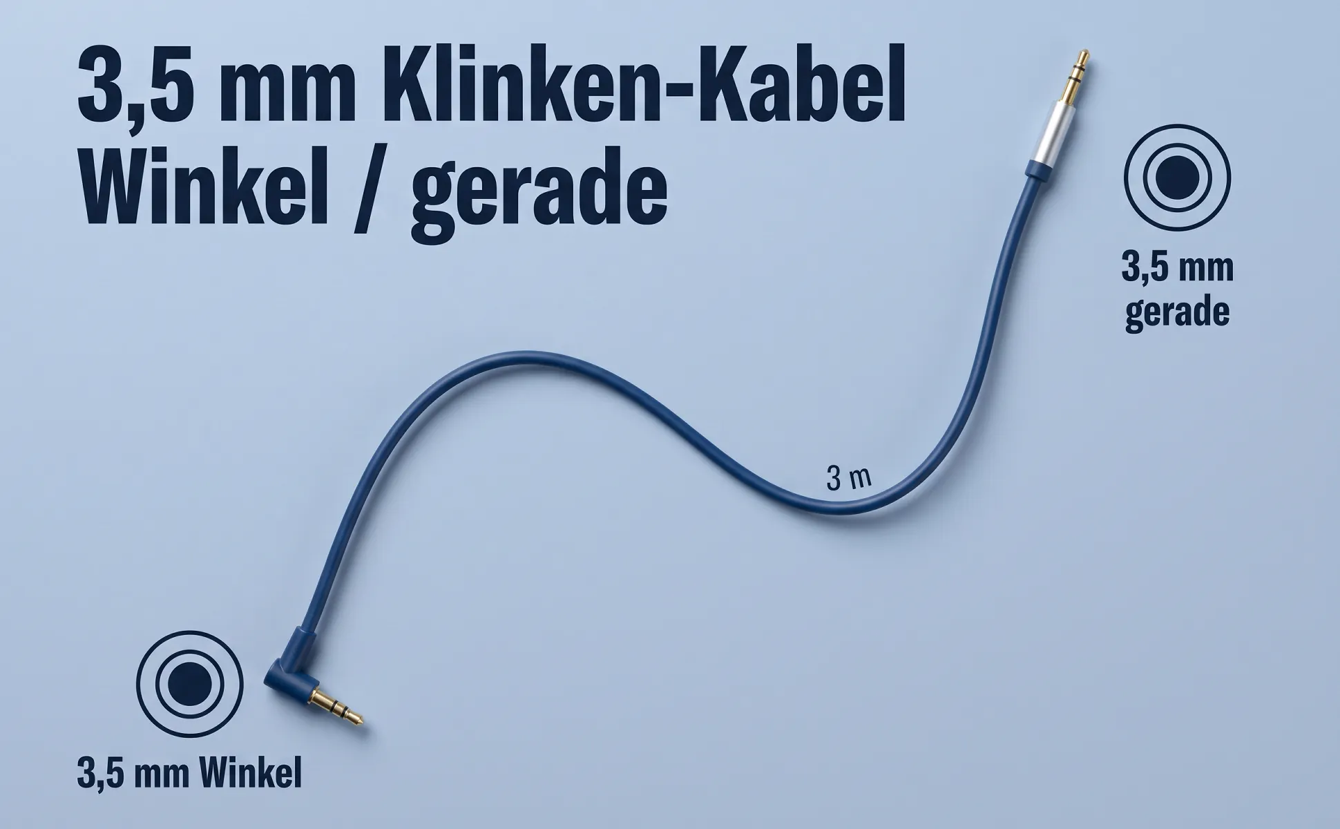 A+ image "Labeled overview" for 3.5 mm audio cable, 3 m in the Duotone in product colour style, German text: 3,5 mm Klinken-Kabel, Winkel / gerade, 3,5 mm gerade, 3 m, 3,5 mm Winkel