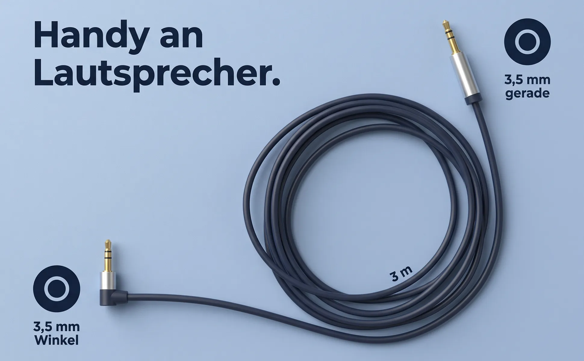 A+ image "Labeled overview" for 3.5 mm audio cable, 3 m in the Duotone in product colour style, German text: Handy an Lautsprecher., 3,5 mm gerade, 3 m, 3,5 mm Winkel