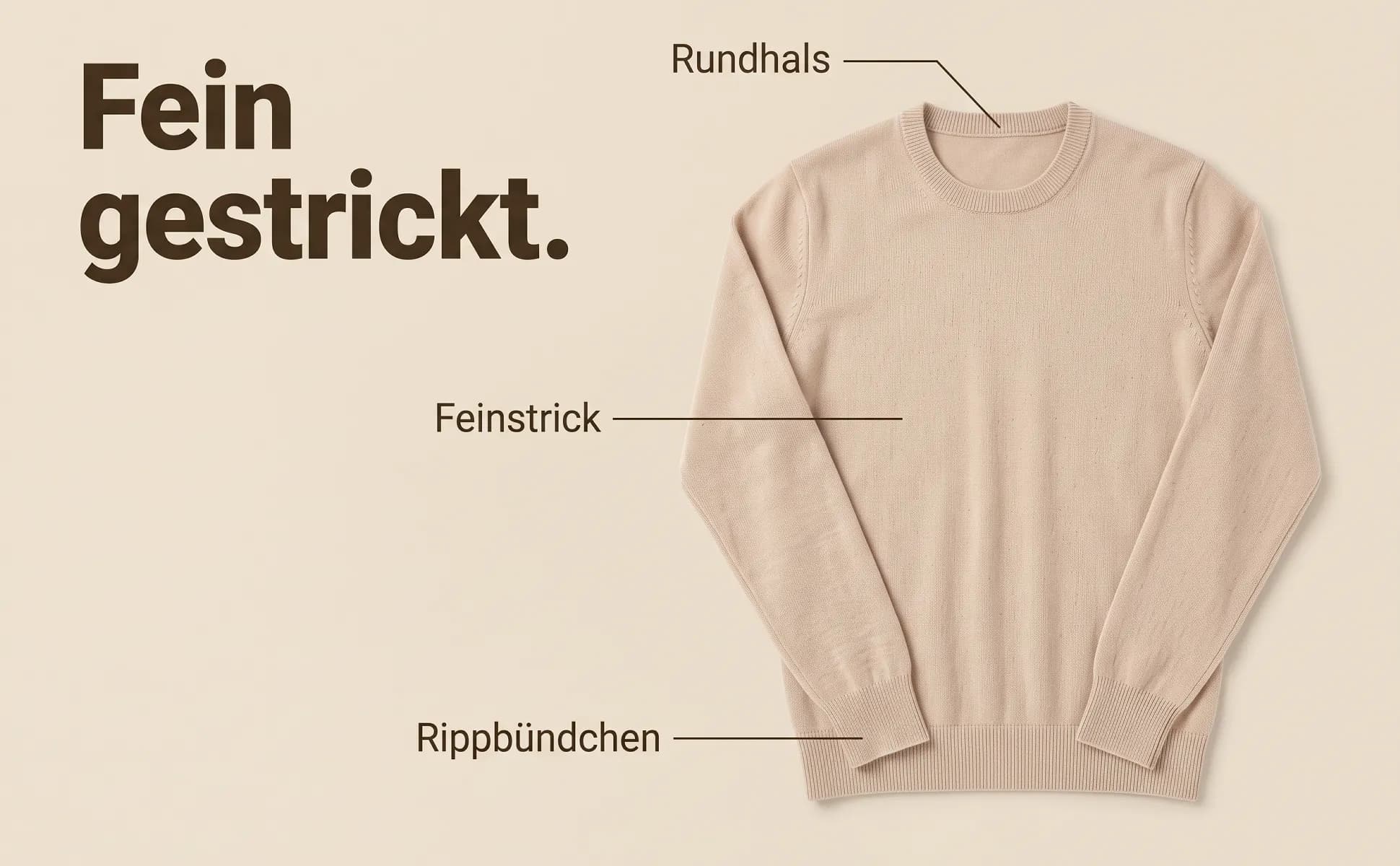 A+ image "Labeled overview" for Merino knit sweater in the Duotone in product colour style, German text: Fein gestrickt., Rundhals, Rippbündchen, Feinstrick