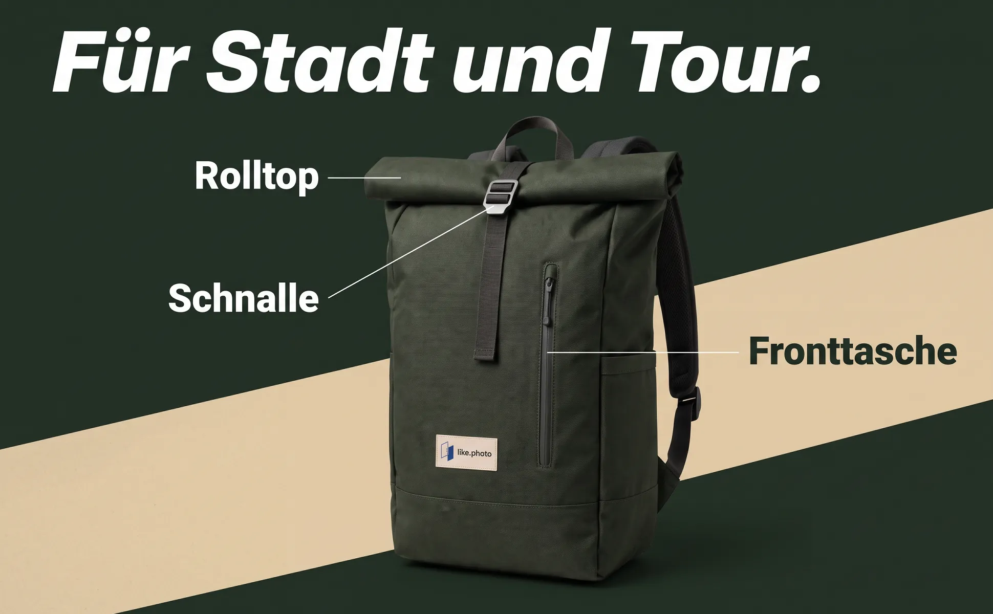 A+ Bild „Überblick mit Labels“ für Rolltop-Rucksack, 26 l im Stil Dynamik: Für Stadt und Tour., Rolltop, Schnalle, Fronttasche