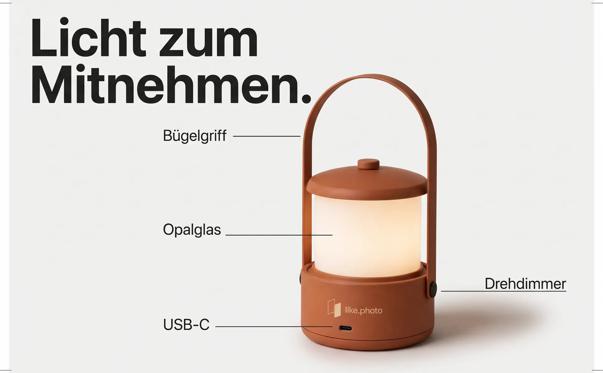A+ Bild „Überblick mit Labels“ für Kabellose Tischleuchte im Stil Editorial: Licht zum Mitnehmen., Bügelgriff, Opalglas, Drehdimmer, USB-C