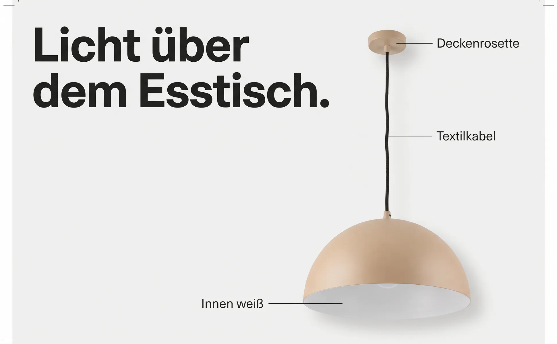 A+ Bild „Überblick mit Labels“ für Pendelleuchte, Ø 40 cm im Stil Editorial: Licht über dem Esstisch., Deckenrosette, Textilkabel, Innen weiß
