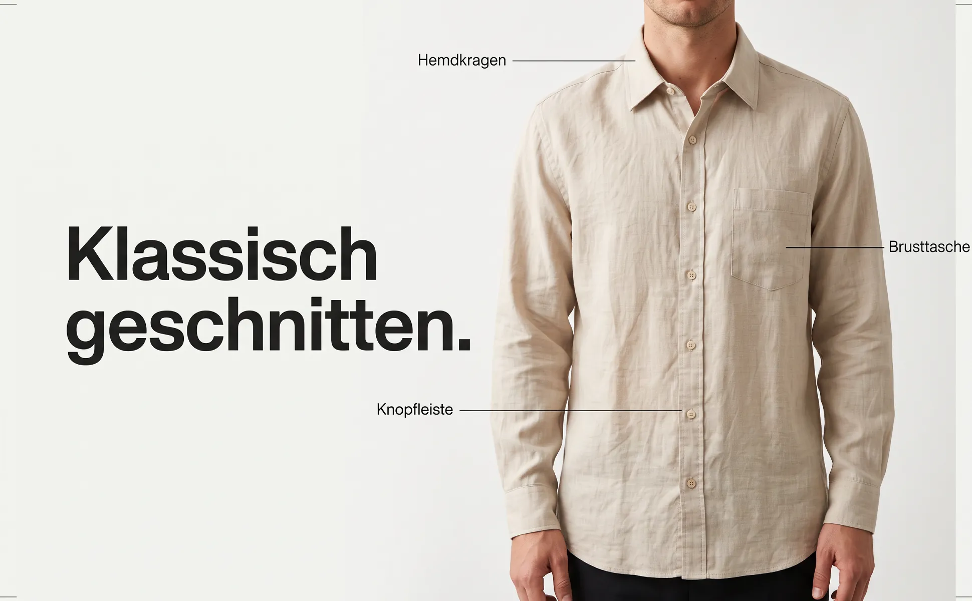 A+ Bild „Überblick mit Labels“ für Leinenhemd im Stil Editorial: Klassisch geschnitten., Hemdkragen, Brusttasche, Knopfleiste
