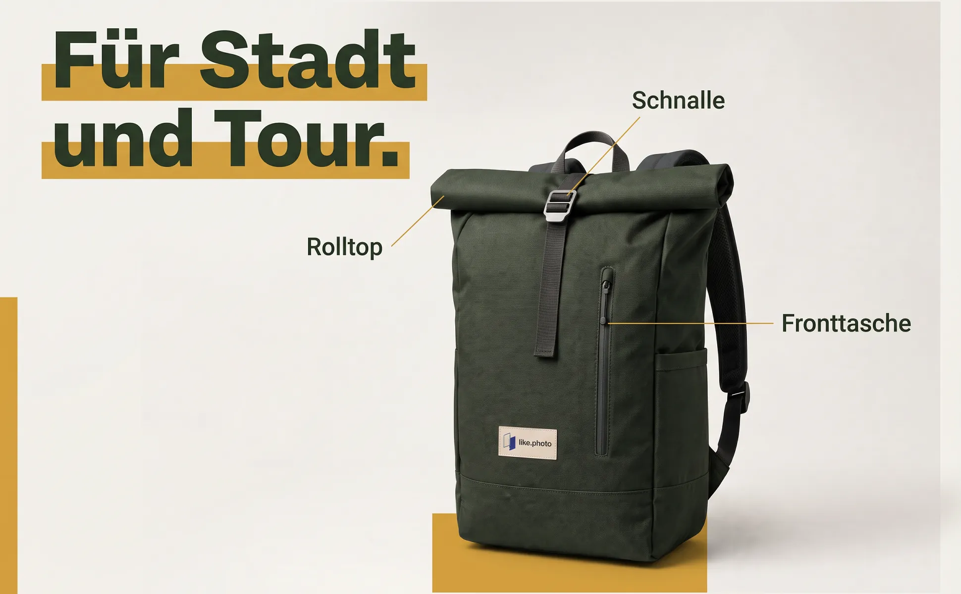A+ image "Labeled overview" for Roll-top backpack, 26 l in the Light with colour block style, German text: Für Stadt und Tour., Rolltop, Schnalle, Fronttasche