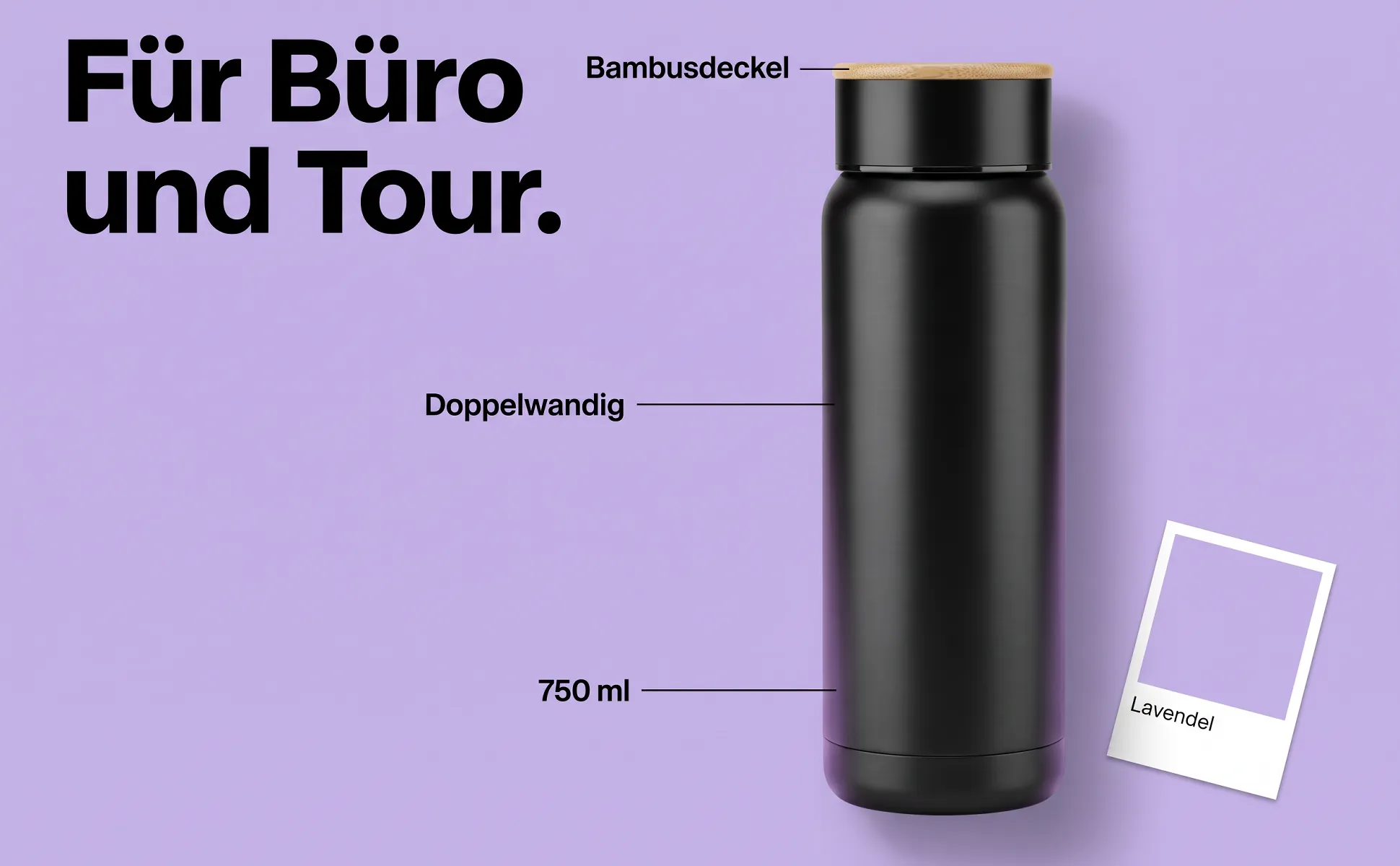 A+ Bild „Überblick mit Labels“ für Isolierflasche, 750 ml im Stil Farbkarte: Für Büro und Tour., Bambusdeckel, Doppelwandig, 750 ml, Lavendel