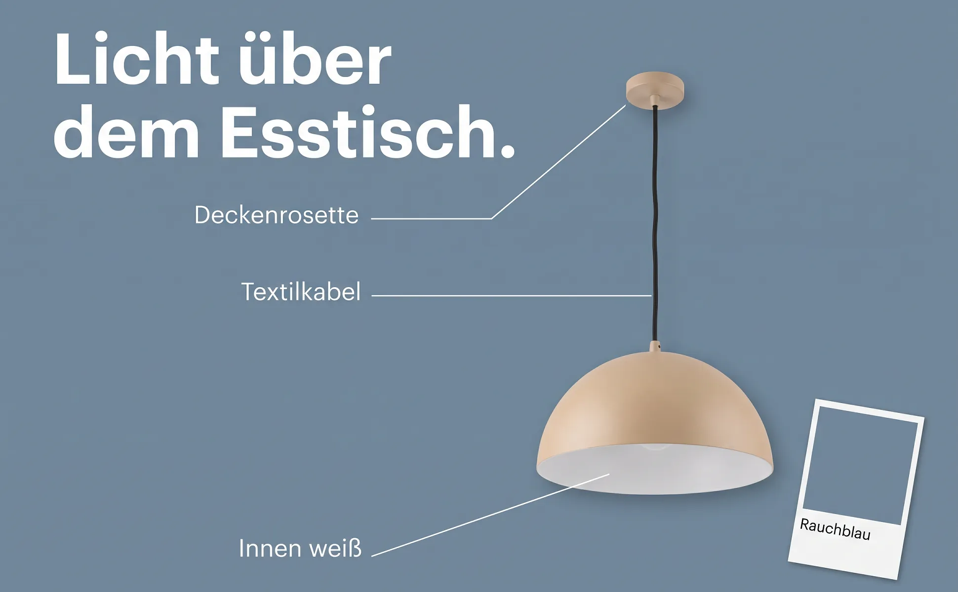 A+ Bild „Überblick mit Labels“ für Pendelleuchte, Ø 40 cm im Stil Farbkarte: Licht über dem Esstisch., Deckenrosette, Textilkabel, Innen weiß, Rauchblau