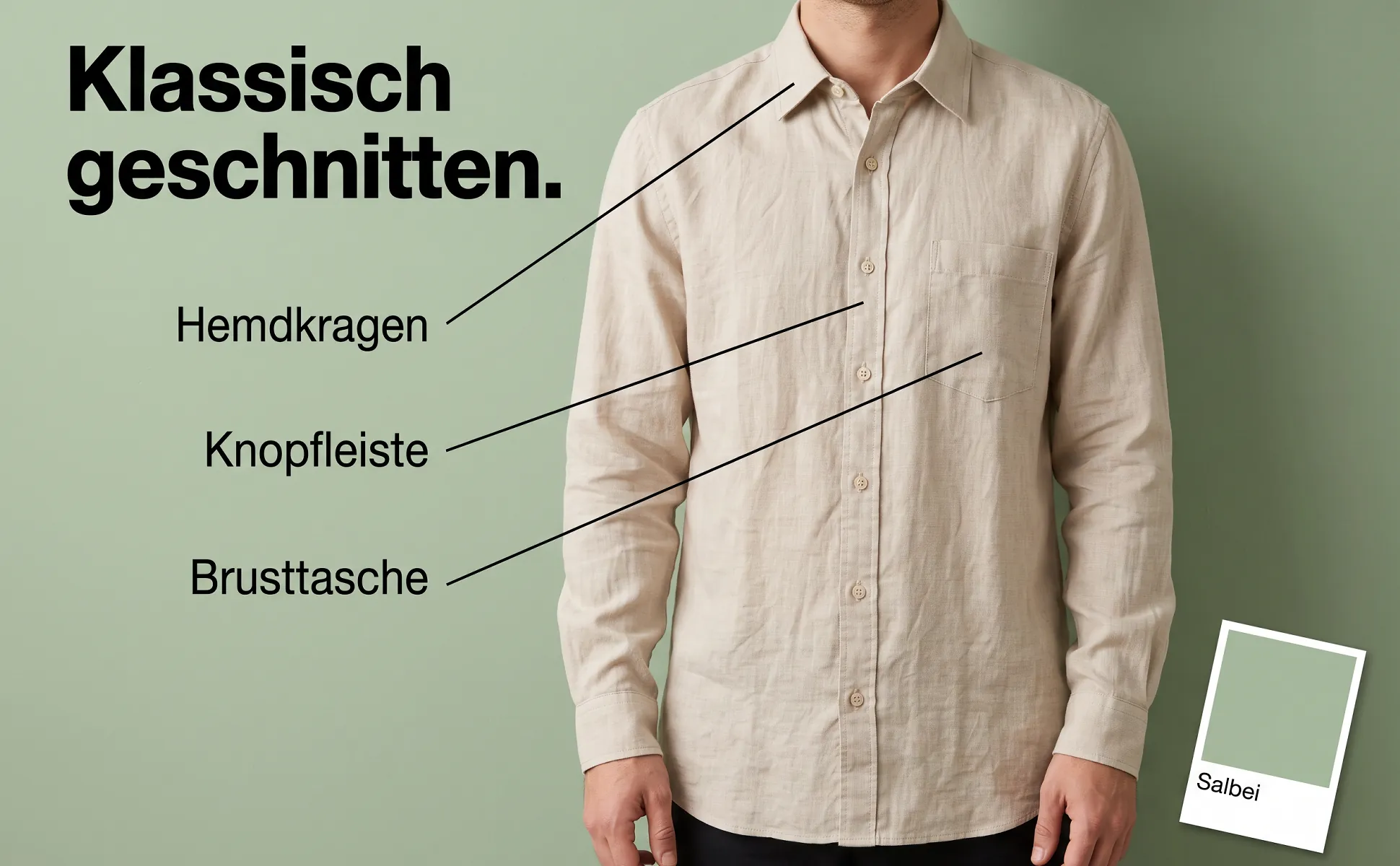 A+ Bild „Überblick mit Labels“ für Leinenhemd im Stil Farbkarte: Klassisch geschnitten., Hemdkragen, Brusttasche, Knopfleiste, Salbei