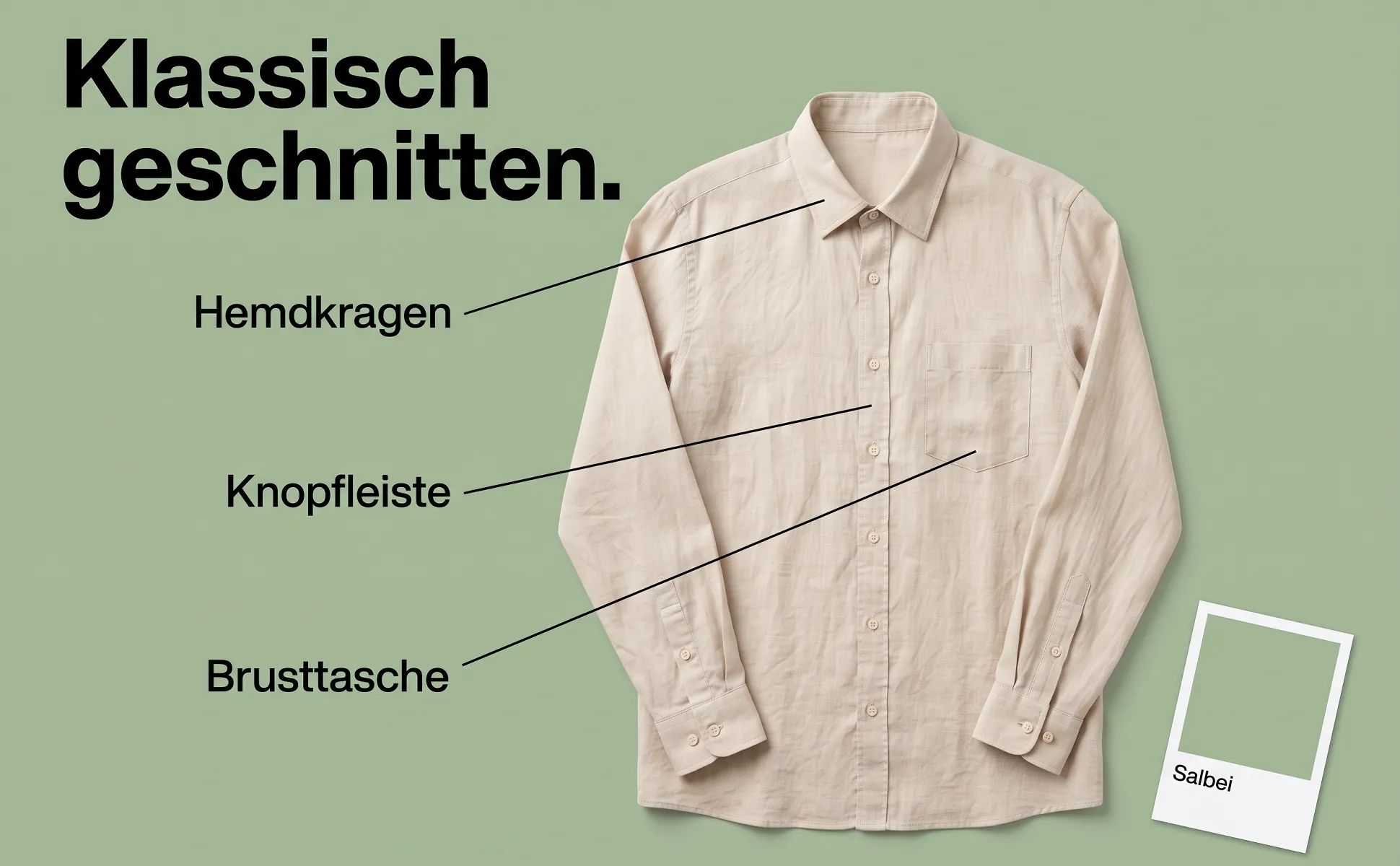 A+ Bild „Überblick mit Labels“ für Leinenhemd im Stil Farbkarte: Klassisch geschnitten., Hemdkragen, Brusttasche, Knopfleiste, Salbei