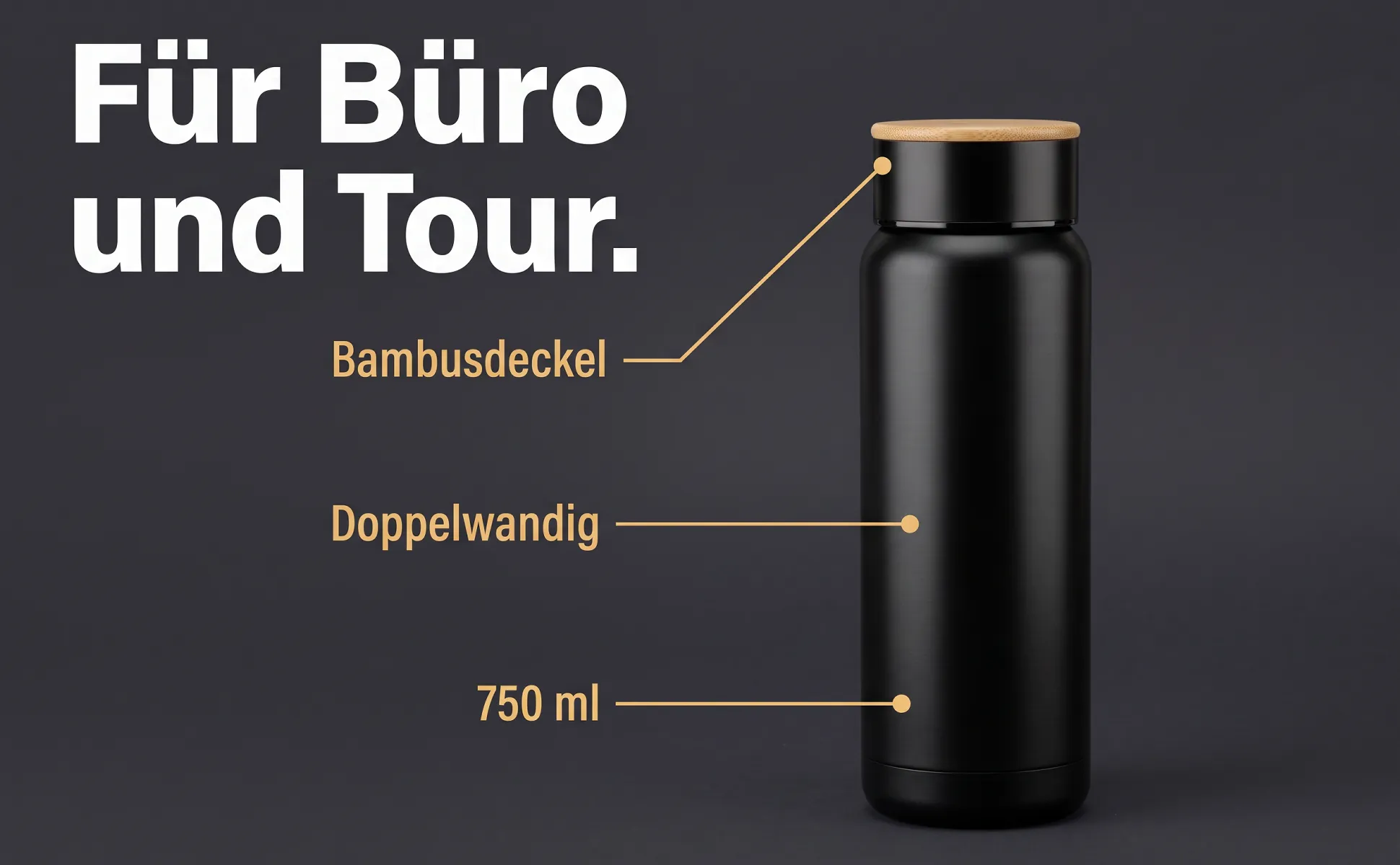 A+ Bild „Überblick mit Labels“ für Isolierflasche, 750 ml im Stil Graphit-Poster: Für Büro und Tour., Bambusdeckel, Doppelwandig, 750 ml