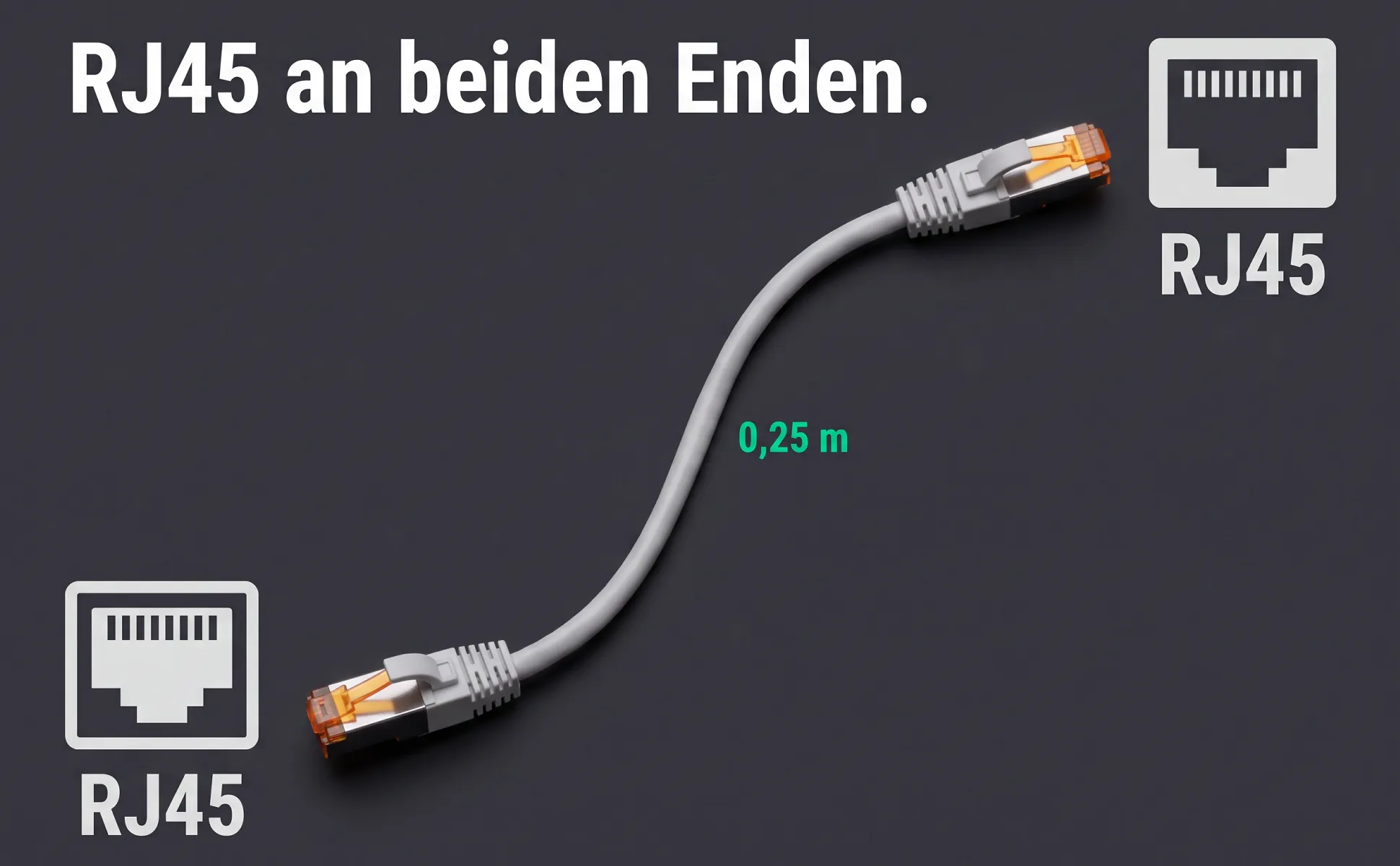 A+ image "Labeled overview" for Cat 6A patch cable, 0.25 m in the Graphite poster style, German text: RJ45 an beiden Enden., RJ45, 0,25 m, RJ45