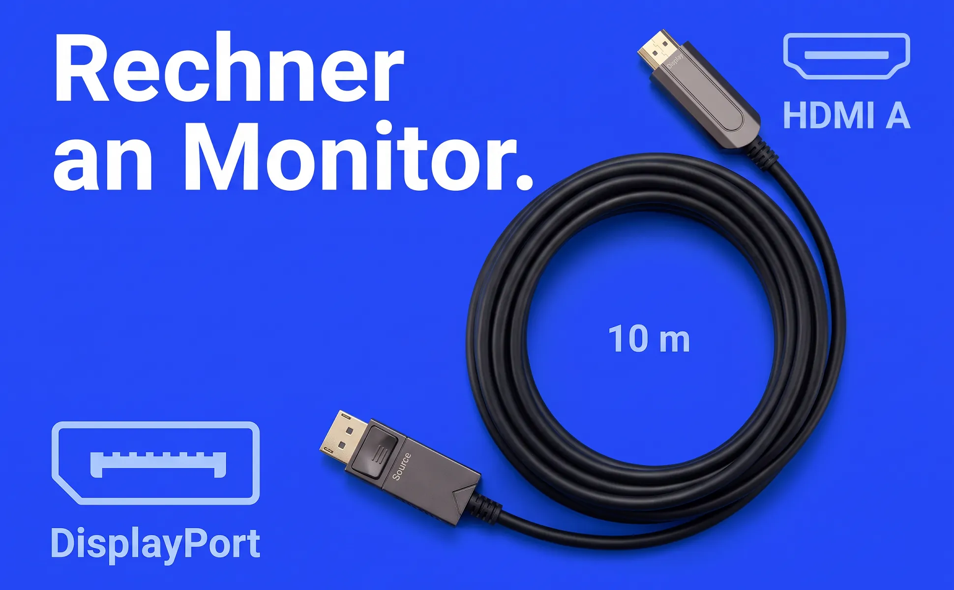 A+ Bild „Überblick mit Labels“ für DisplayPort-auf-HDMI-Kabel, 10 m im Stil Poster Kobalt: Rechner an Monitor., HDMI A, 10 m, DisplayPort