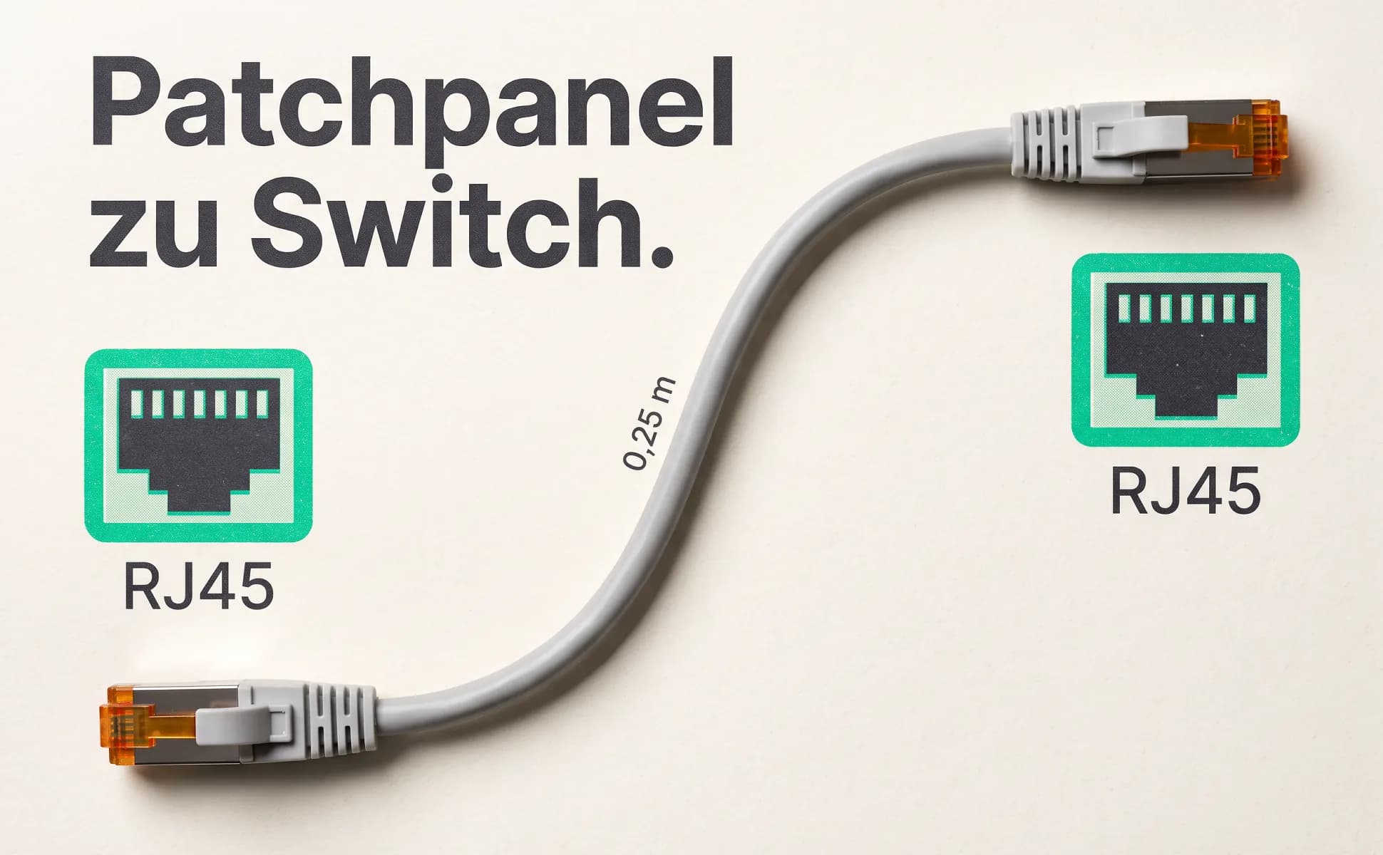 A+ image "Labeled overview" for Cat 6A patch cable, 0.25 m in the Risograph print style, German text: Patchpanel zu Switch., RJ45, 0,25 m, RJ45