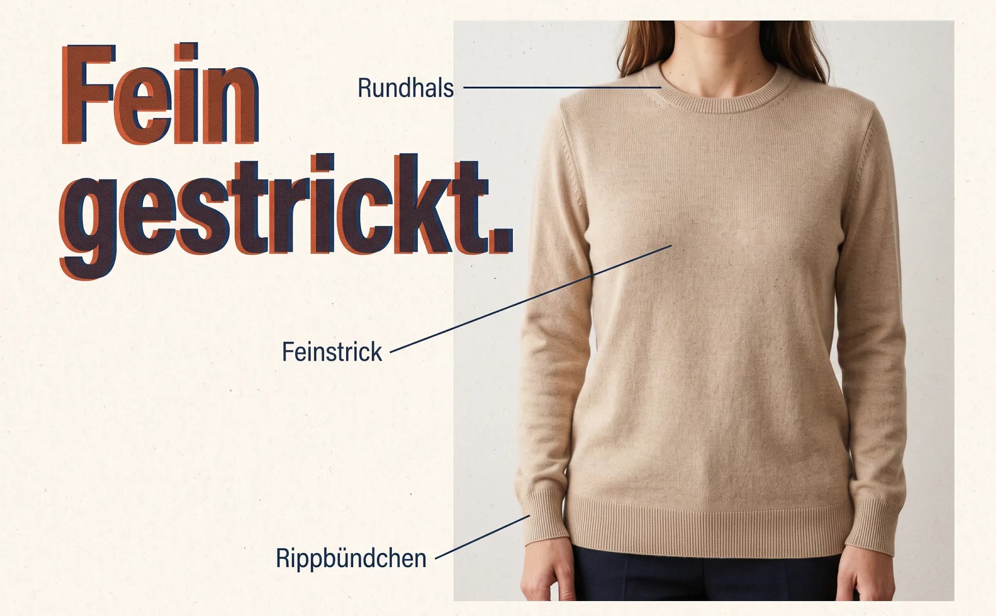 A+ image "Labeled overview" for Merino knit sweater in the Risograph print style, German text: Fein gestrickt., Rundhals, Rippbündchen, Feinstrick