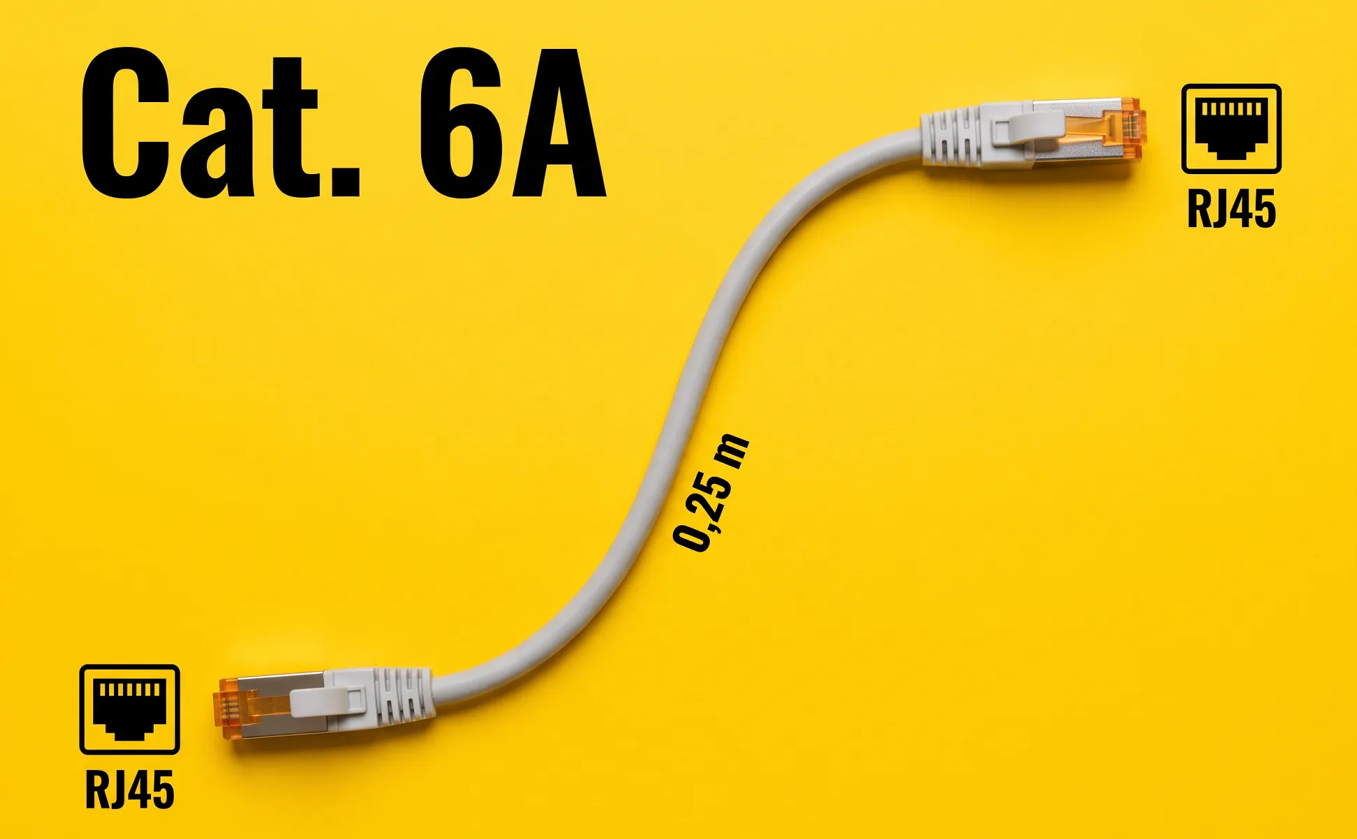 A+ image "Labeled overview" for Cat 6A patch cable, 0.25 m in the Signal poster style, German text: Cat. 6A, RJ45, 0,25 m, RJ45