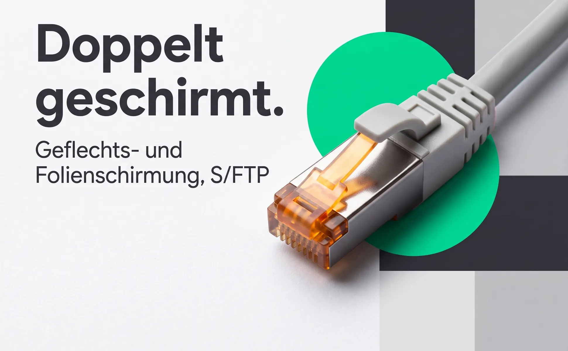 A+ image "Macro detail" for Cat 6A patch cable, 0.25 m in the Bauhaus style, German text: Doppelt geschirmt., Geflechts- und Folienschirmung, S/FTP