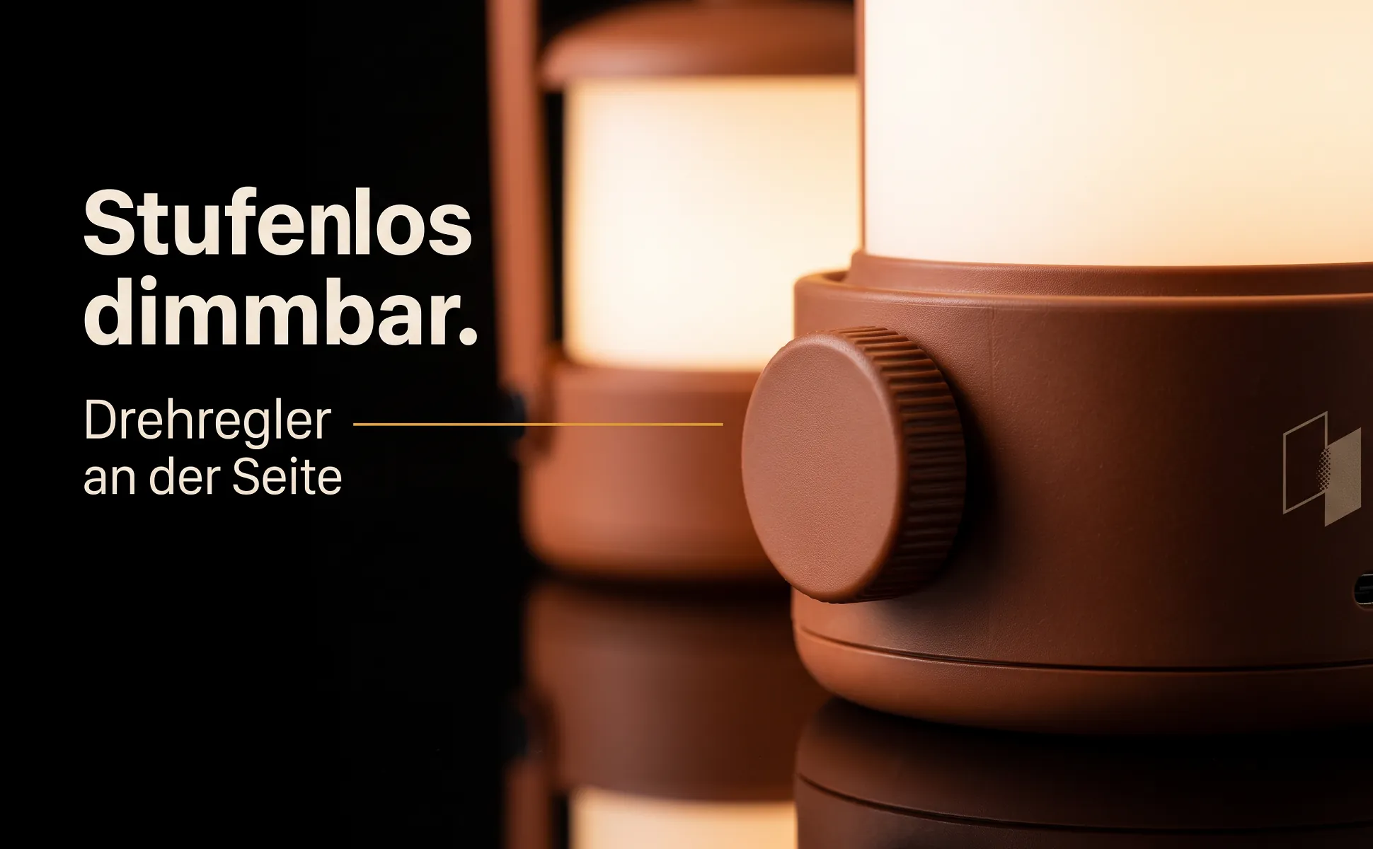 A+ image "Macro detail" for Cordless table lamp in the Dark premium style, German text: Stufenlos dimmbar., Drehregler an der Seite