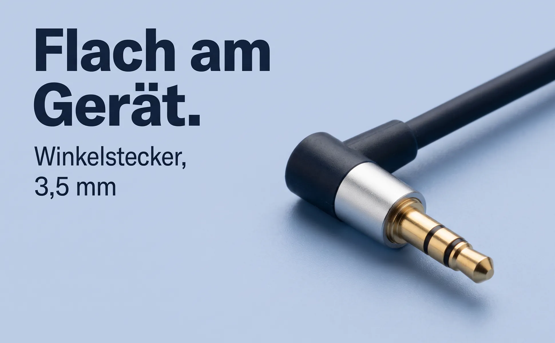 A+ image "Macro detail" for 3.5 mm audio cable, 3 m in the Duotone in product colour style, German text: Flach am Gerät., Winkelstecker, 3,5 mm