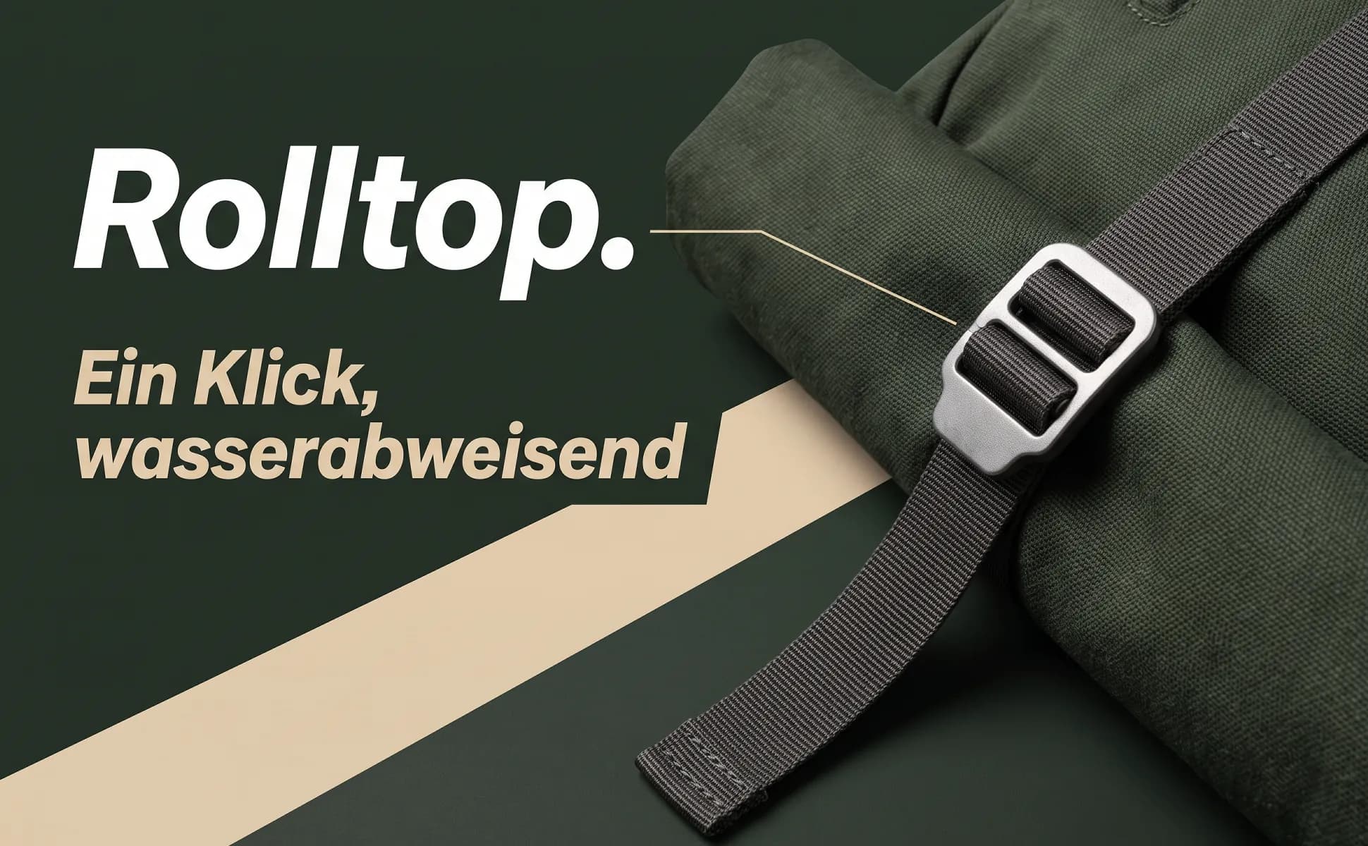 A+ image "Macro detail" for Roll-top backpack, 26 l in the Dynamic style, German text: Rolltop., Ein Klick, wasserabweisend