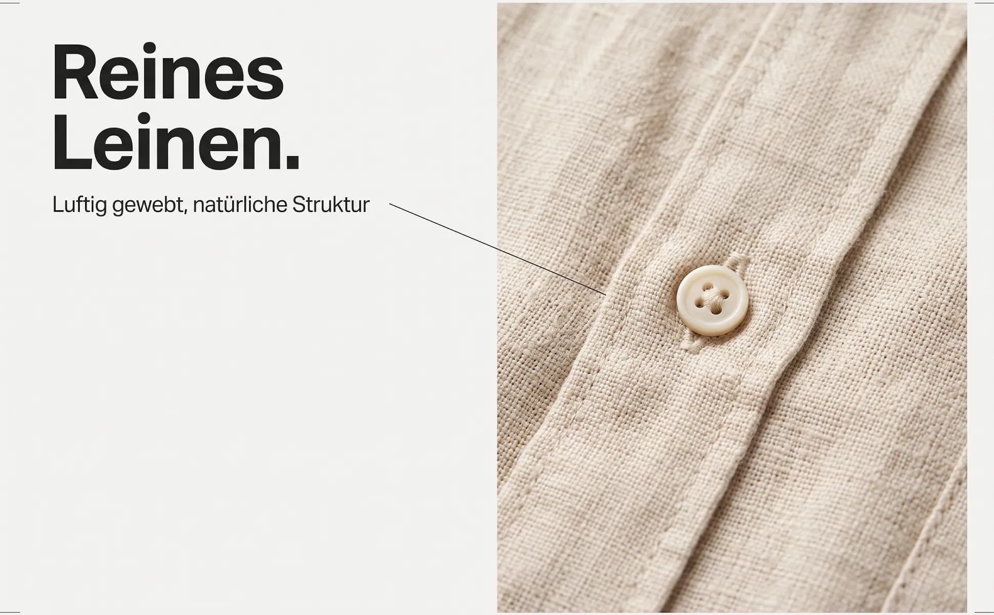 A+ image "Macro detail" for Linen shirt in the Editorial style, German text: Reines Leinen., Luftig gewebt, natürliche Struktur