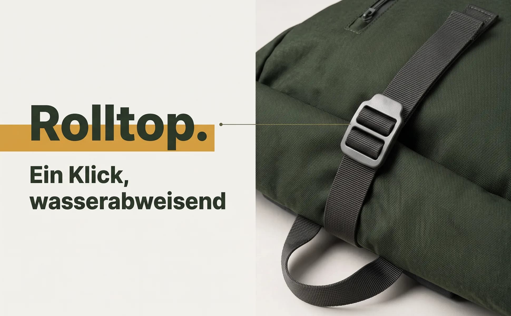 A+ image "Macro detail" for Roll-top backpack, 26 l in the Light with colour block style, German text: Rolltop., Ein Klick, wasserabweisend