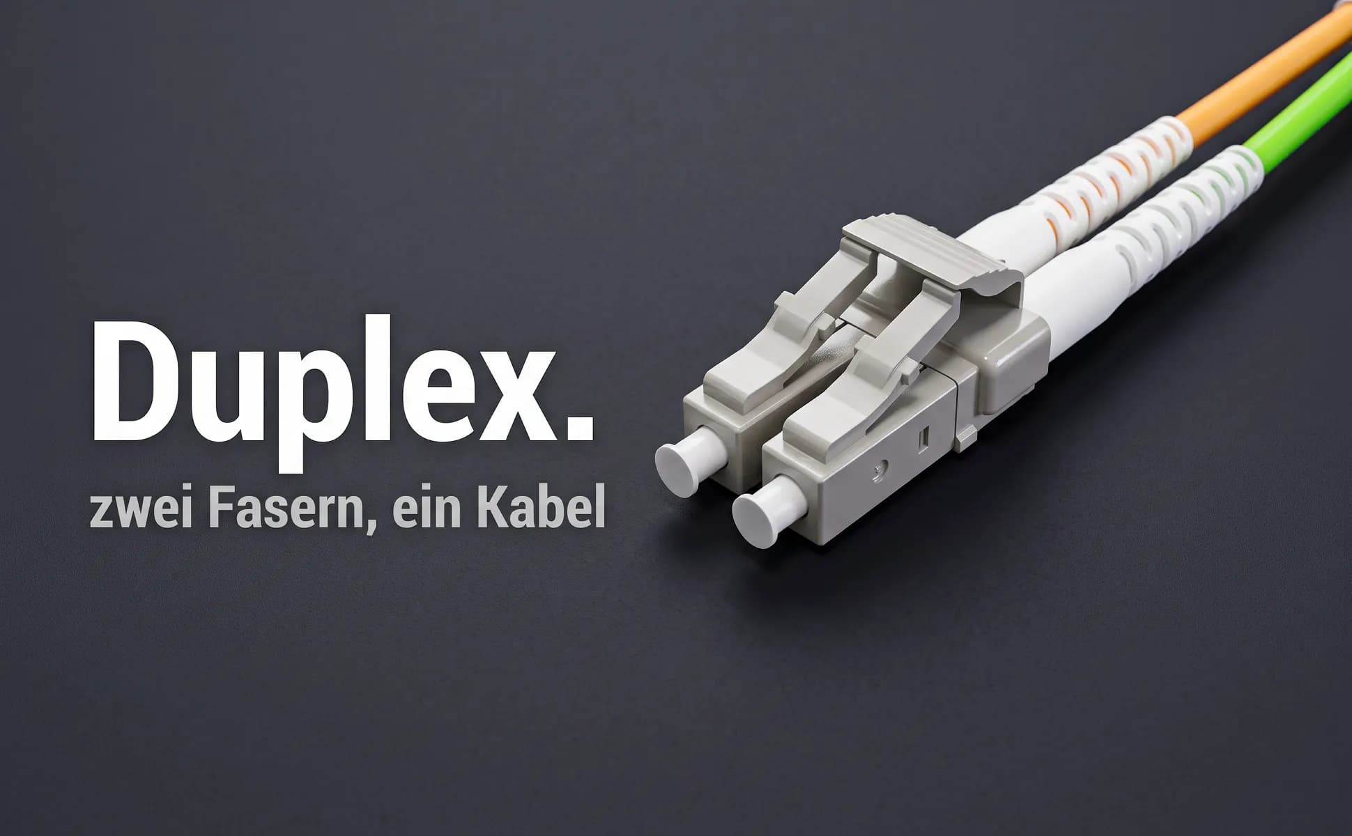 A+ image "Macro detail" for Fibre patch cable LC/SC, 0.5 m in the Graphite poster style, German text: Duplex., zwei Fasern, ein Kabel