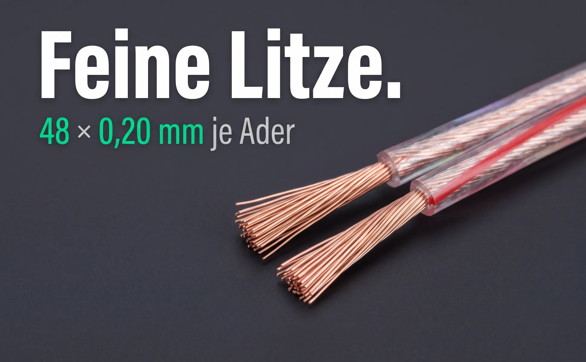 A+ image "Macro detail" for Speaker cable, 100 m in the Graphite poster style, German text: Feine Litze., 48 × 0,20 mm je Ader