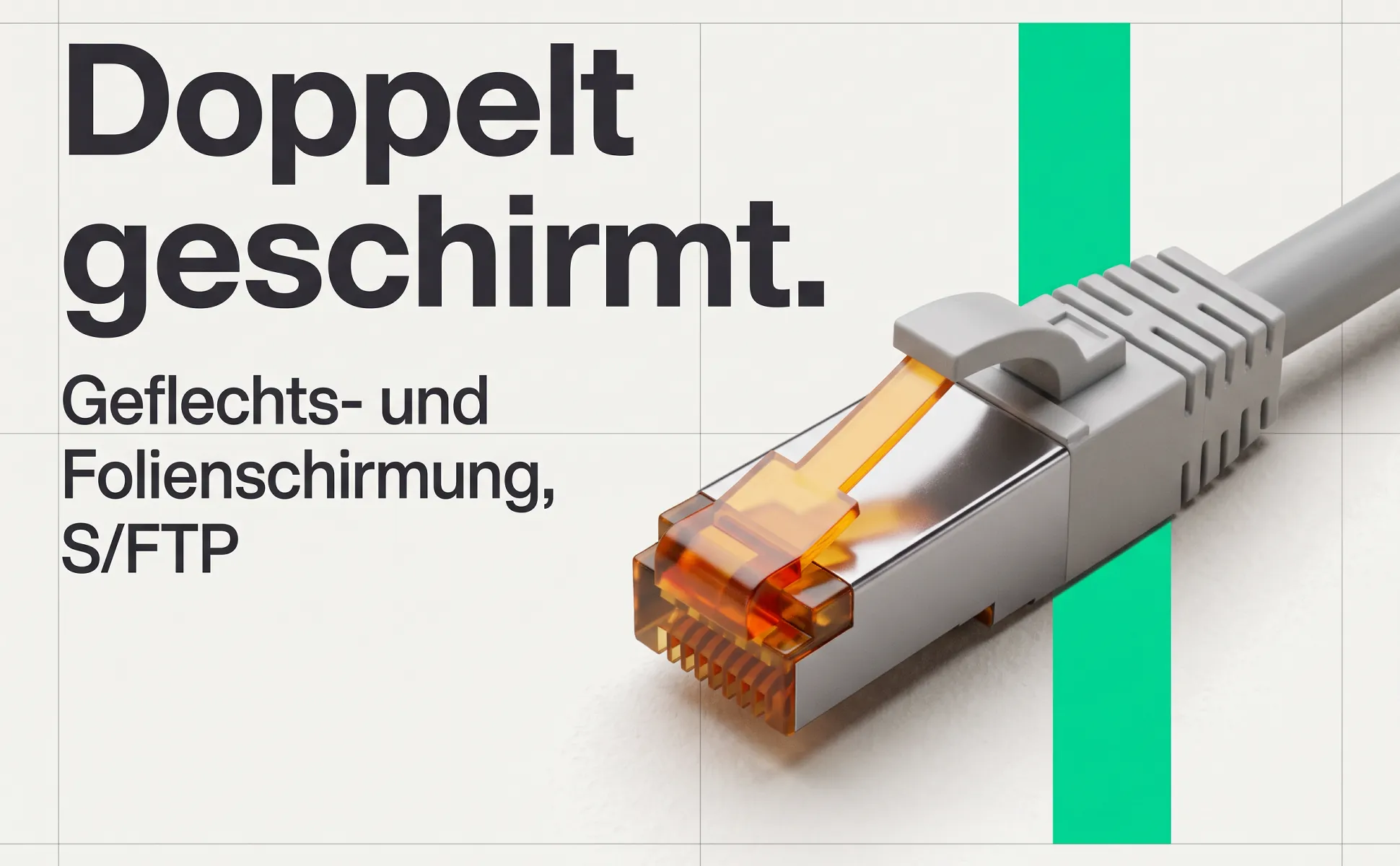 A+ image "Macro detail" for Cat 6A patch cable, 0.25 m in the Swiss poster style, German text: Doppelt geschirmt., Geflechts- und Folienschirmung, S/FTP