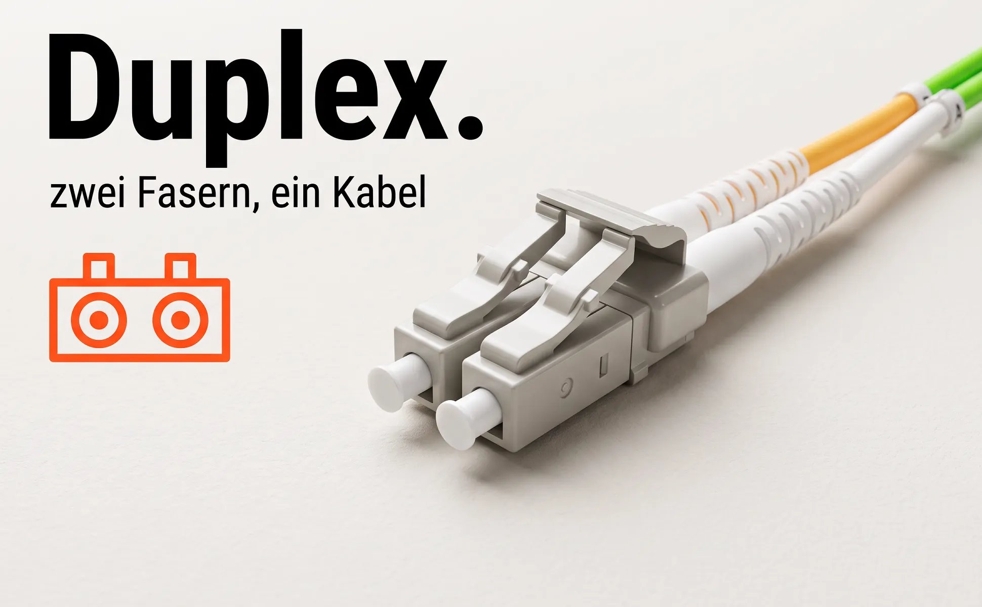 A+ image "Macro detail" for Fibre patch cable LC/SC, 0.5 m in the Swiss poster style, German text: Duplex., zwei Fasern, ein Kabel