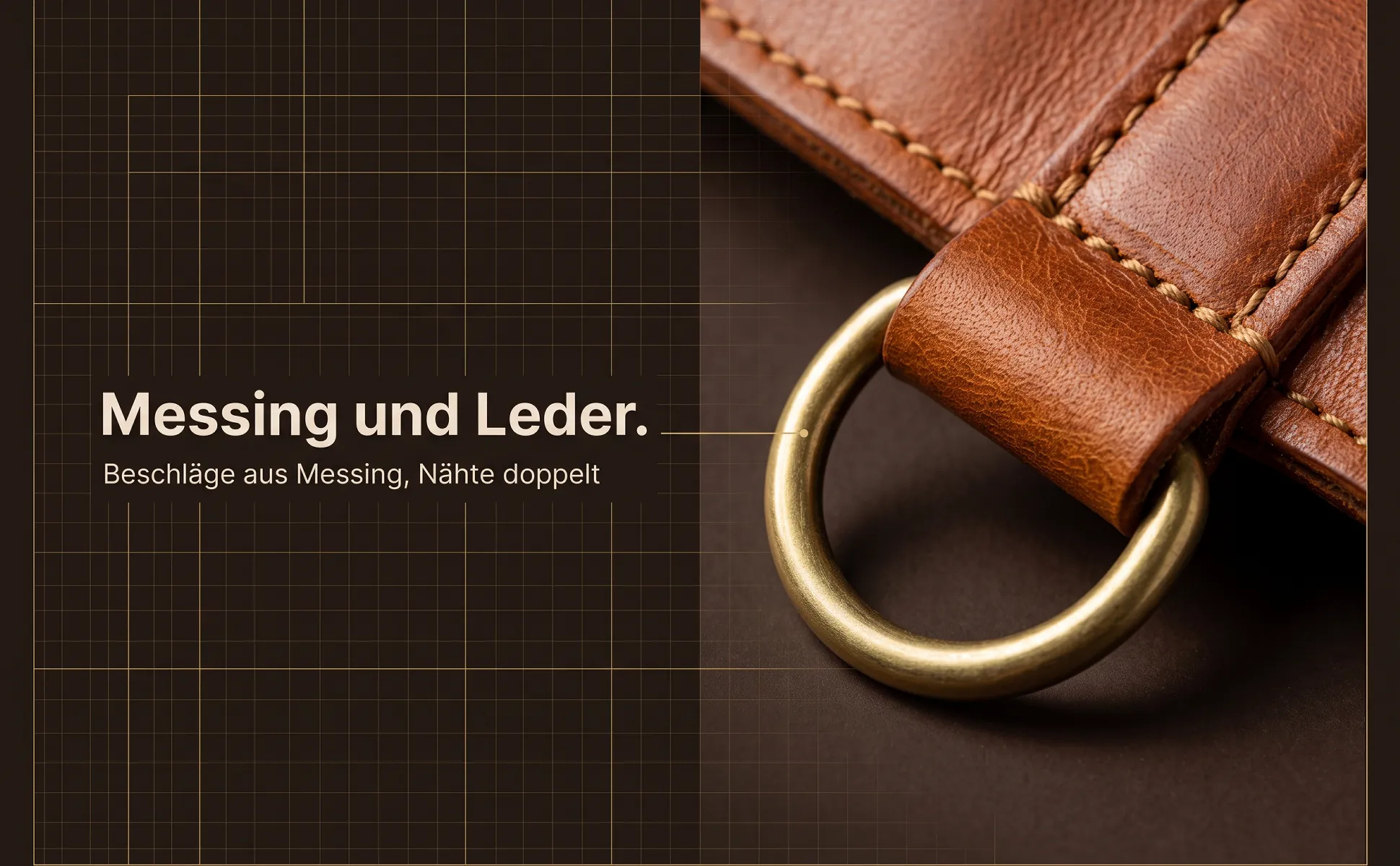 A+ image "Macro detail" for Leather weekender, 45 l in the Technical drawing style, German text: Messing und Leder., Beschläge aus Messing, Nähte doppelt