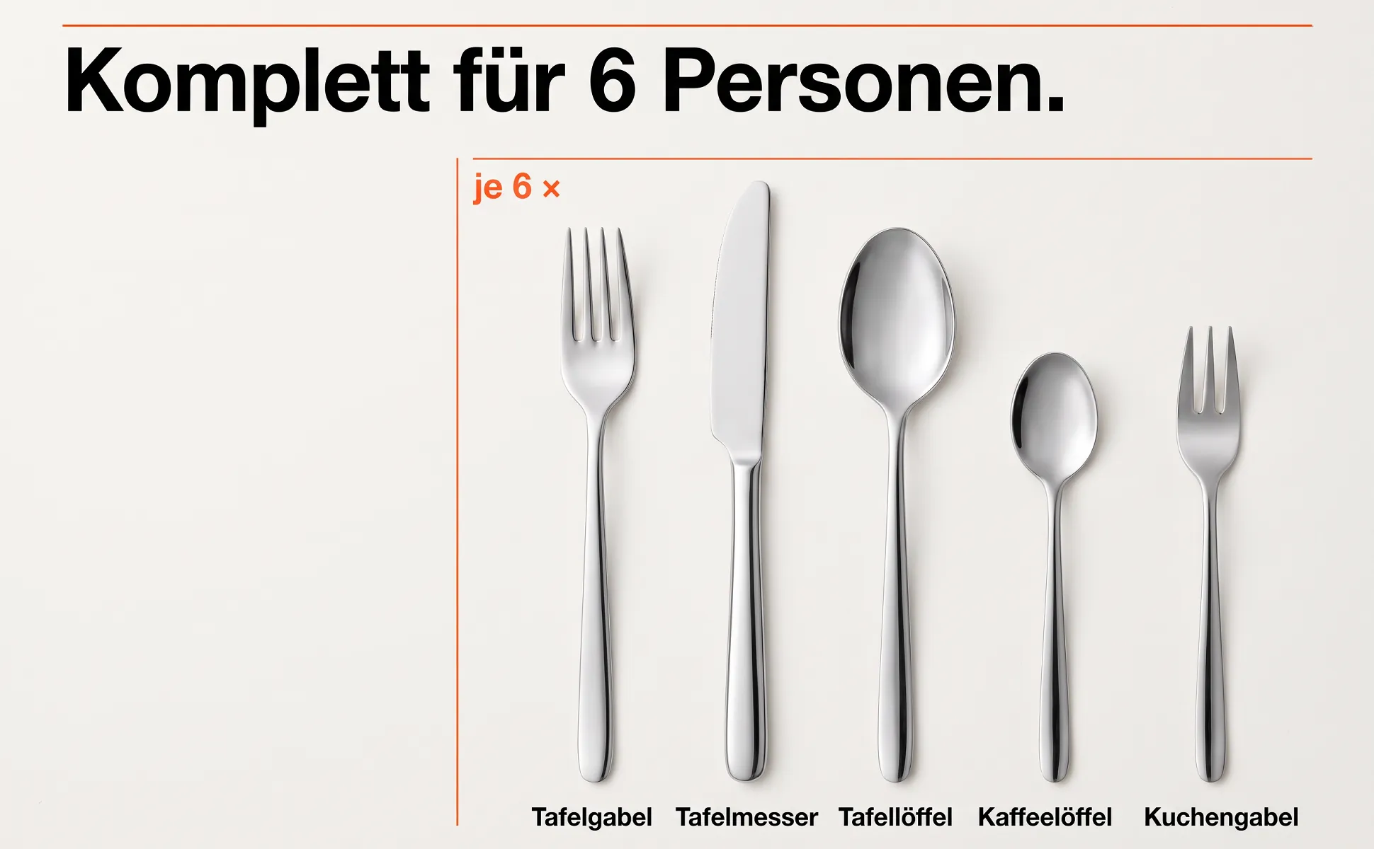 A+ image "What's included" for Cutlery set, 30 pieces in the Swiss poster style, German text: Komplett für 6 Personen., je 6 ×, Tafelgabel, Tafelmesser, Tafellöffel, Kaffeelöffel, Kuchengabel