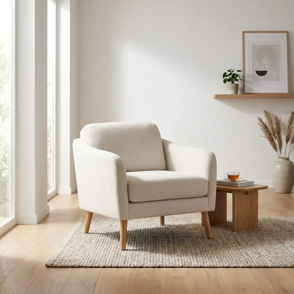 Lifestyle image: an armchair in a bright living room with a wooden floor