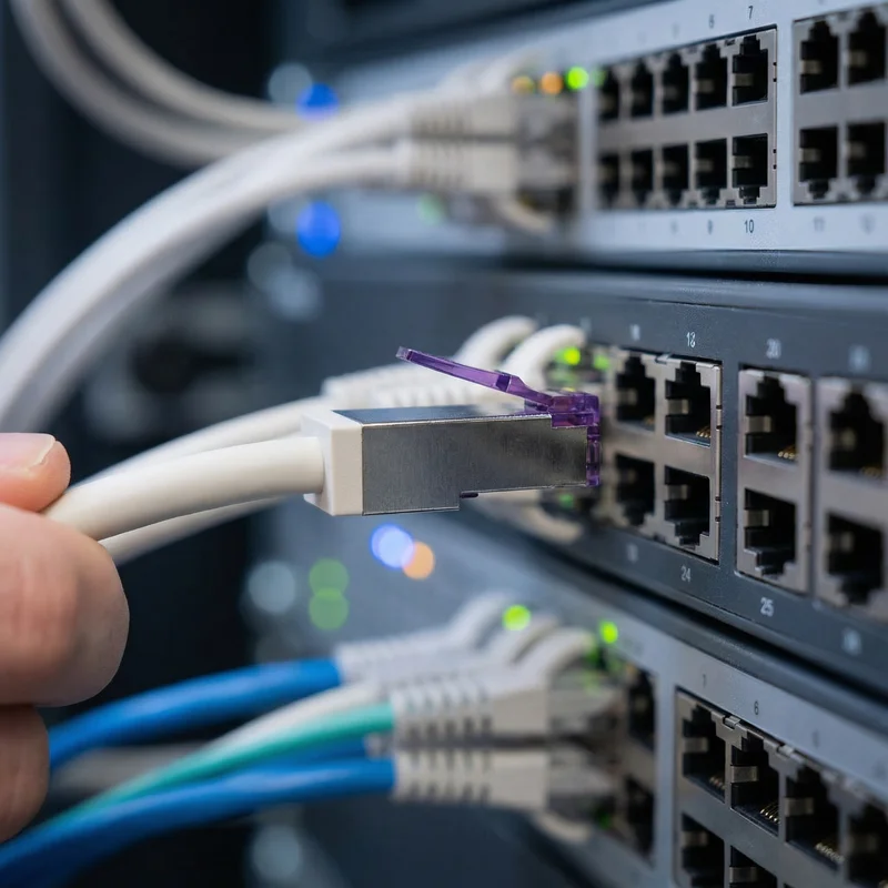 Anwendungsbild: Patchkabel wird in einen Netzwerk-Switch im Serverschrank gesteckt