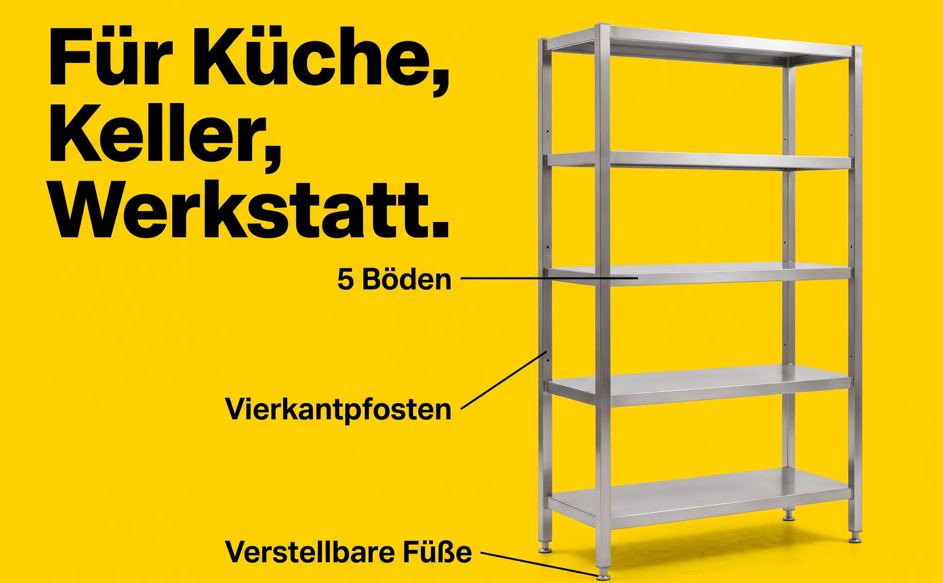 A+ image "Labeled overview" for Stainless steel shelving unit in the Signal poster style, German text: Für Küche, Keller, Werkstatt., 5 Böden, Vierkantpfosten, Verstellbare Füße