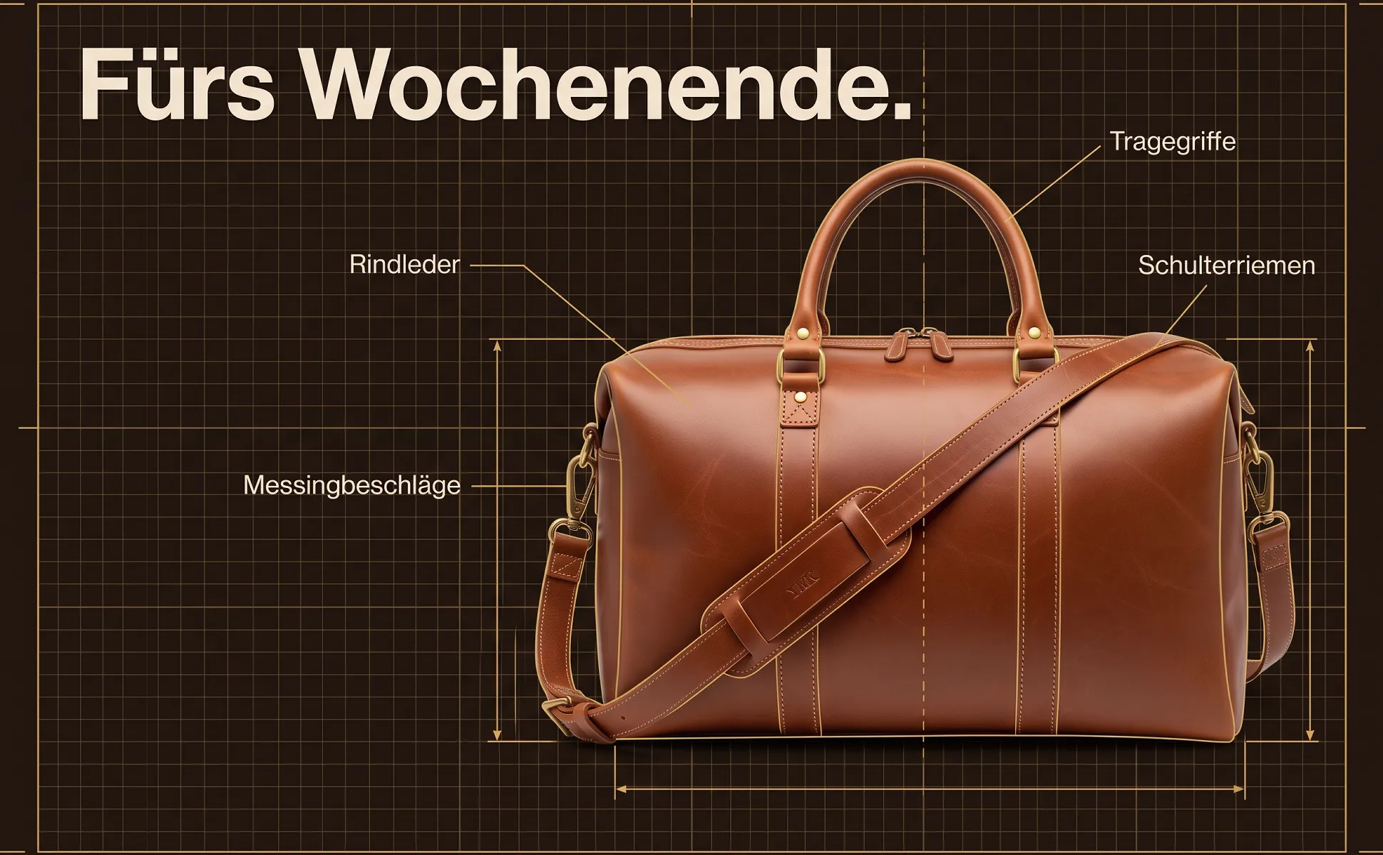 A+ image "Labeled overview" for Leather weekender, 45 l in the Technical drawing style, German text: Fürs Wochenende., Rindleder, Messingbeschläge, Tragegriffe, Schulterriemen
